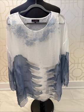 Women's White & Blue Sheer Tie-Dye Blouse